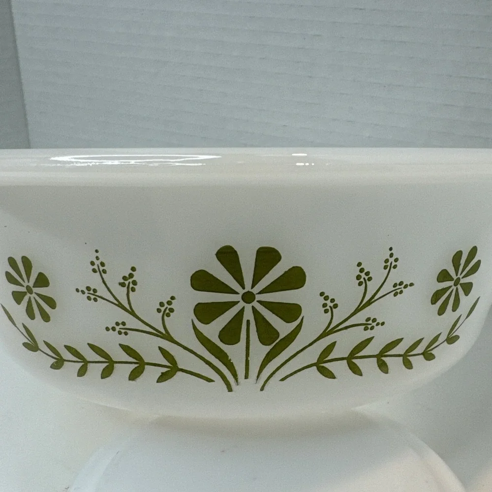 Glasbake Casserole Dish Unisex‎ OS White Green Daisy Milk Glass Oval J2600 MCM